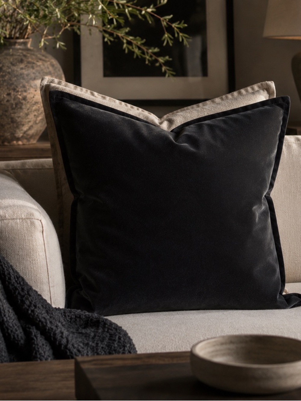 Black Gray Velvet Linen Back Pillow Cover 23x23 Zip OEKO-TEX Modern Luxe